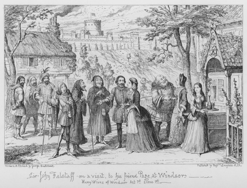 Sir John Falstaff op bezoek bij zijn vriend Page in Windsor door George Cruikshank