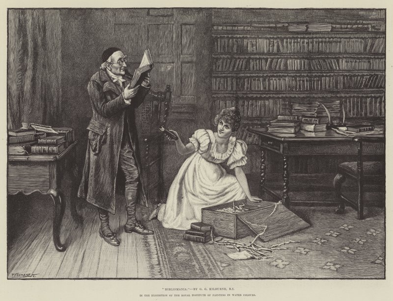 Bibliomanie, in de Tentoonstelling van het Koninklijk Instituut van Aquarellisten door George Goodwin Kilburne