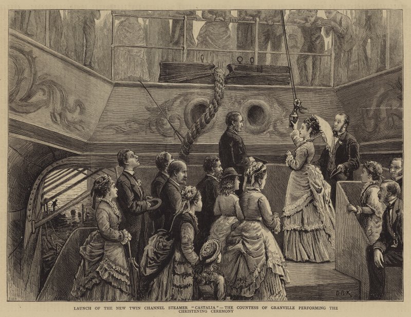 Lancering van de Nieuwe Twin Channel Stoomboot Castalia, de Gravin van Granville voert de Doopceremonie uit door George Goodwin Kilburne