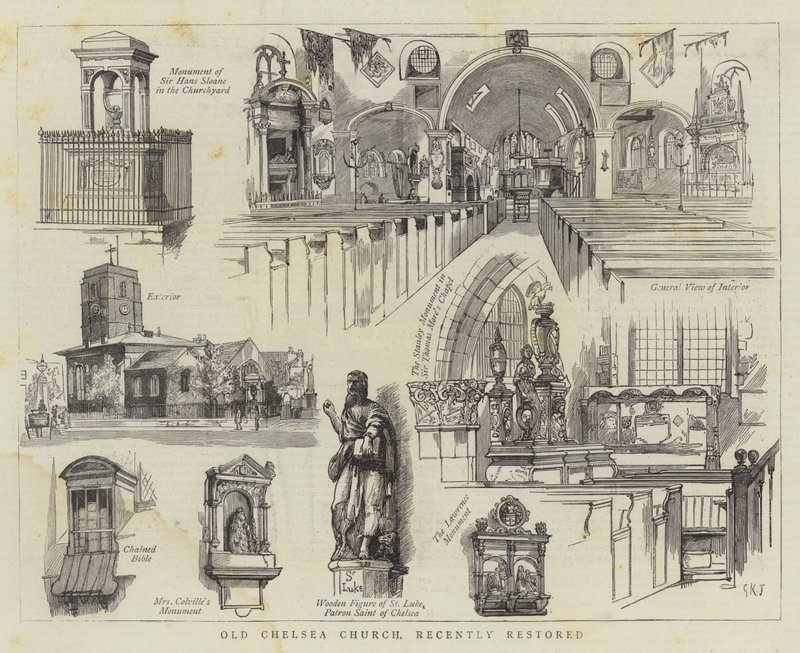 Oude Chelsea kerk, recent gerestaureerd door George Kingston Jones