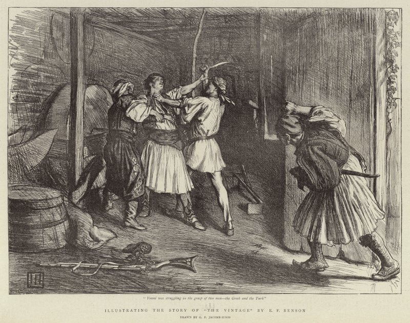 Illustratie van het verhaal van De Wijnoogst door E F Benson door George Percy Jacomb Hood