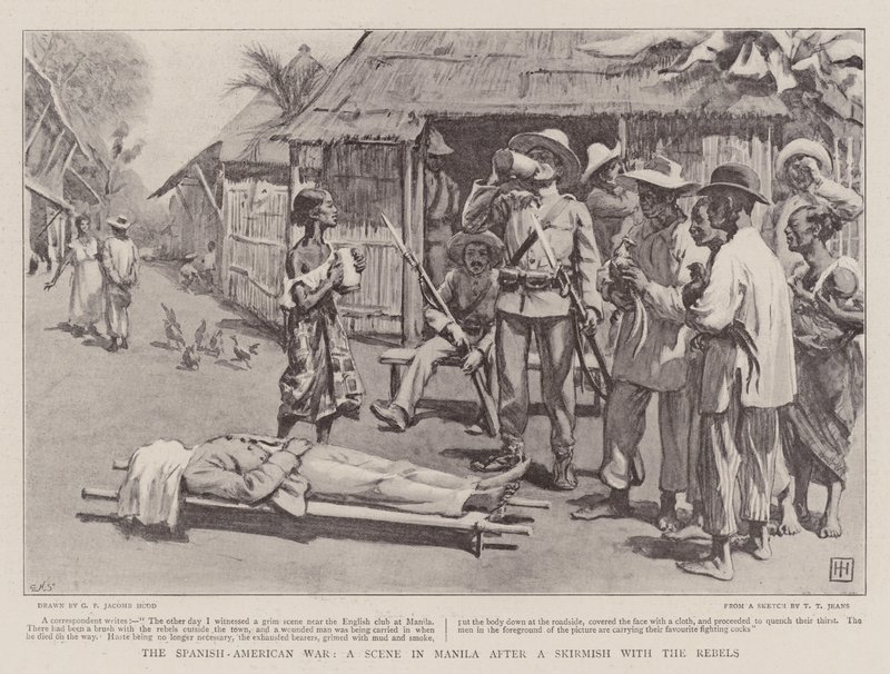 De Spaans-Amerikaanse Oorlog, een scène in Manilla na een schermutseling met de rebellen door George Percy Jacomb Hood