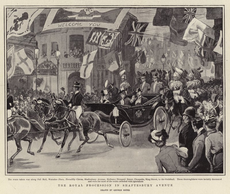 De koninklijke processie in Shaftesbury Avenue door George Soper