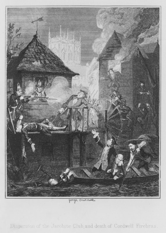 Verspreiding van de Jacobite Club en dood van Cordwell Firebras (gravure) door George (after) Cruikshank