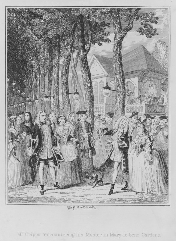 Mr Cripps ontmoet zijn meester in Mary-le-bone Gardens door George (after) Cruikshank