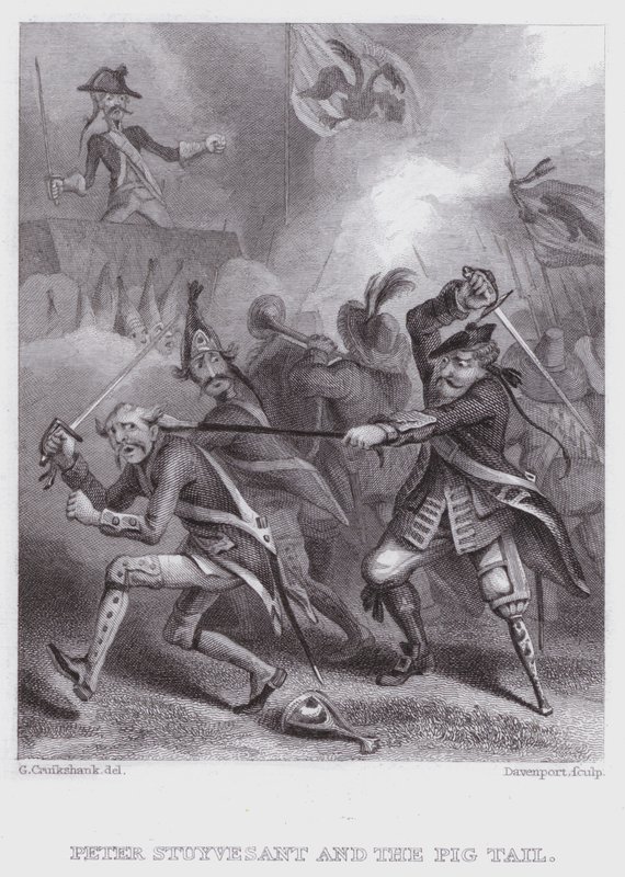 Peter Stuyvesant en de varkensstaart door George (after) Cruikshank