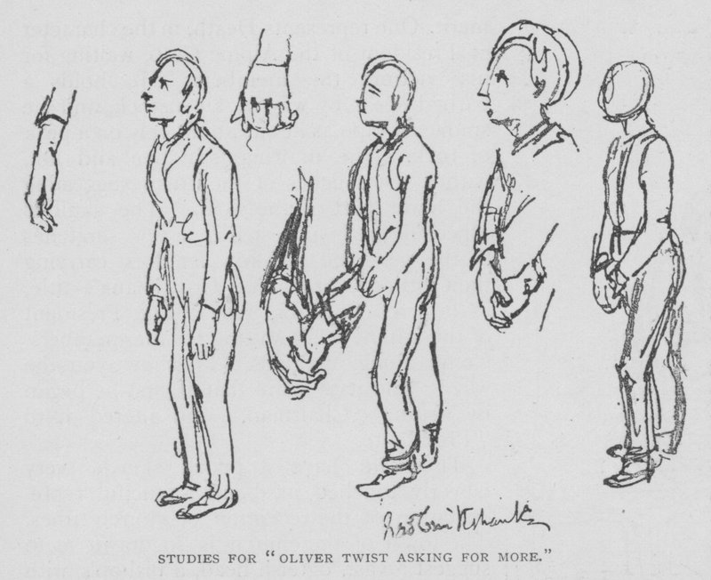 Studies voor "Oliver Twist vraagt om meer" door George (after) Cruikshank