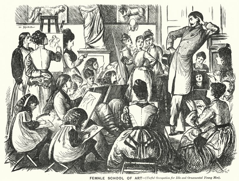 Punch cartoon: Vrouwelijke Kunstschool (Nuttige Bezigheid voor Luie en Decoratieve Jonge Mannen) door George (after) Du Maurier