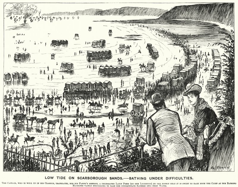 Punch cartoon: Laag Tij op Scarborough Sands - Baden onder Moeilijkheden (gravure) door George (after) Du Maurier