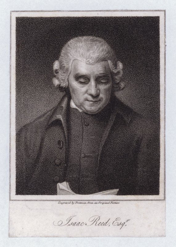 Isaac Reed, Engelse literaire redacteur en boekverzamelaar (gravure) door George (after) Romney