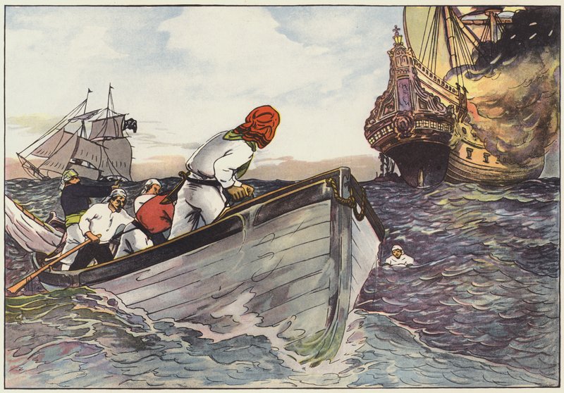 Roeiend naar een veilige afstand, lagen de piraten en keken met duivels genoegen naar de vlammen door George Alfred Williams