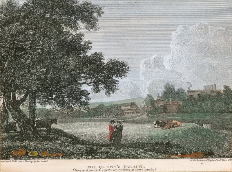 Het Paleis van de Koningin, vanuit het Groene Park met het Wachthuis bij Story