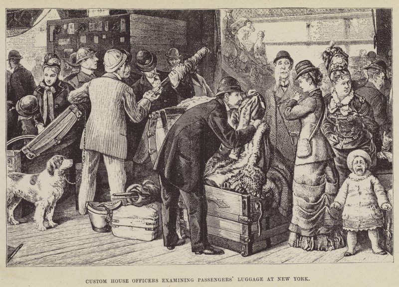 Douanebeambten onderzoeken passagiersbagage in New York door George Augustus Sala