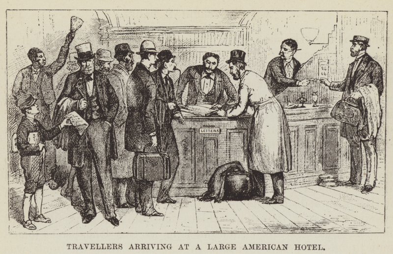 Reizigers die aankomen bij een groot Amerikaans hotel door George Augustus Sala