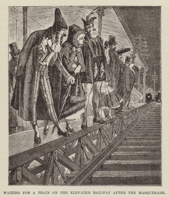 Wachten op een trein op de verhoogde spoorweg na het gemaskerd bal door George Augustus Sala