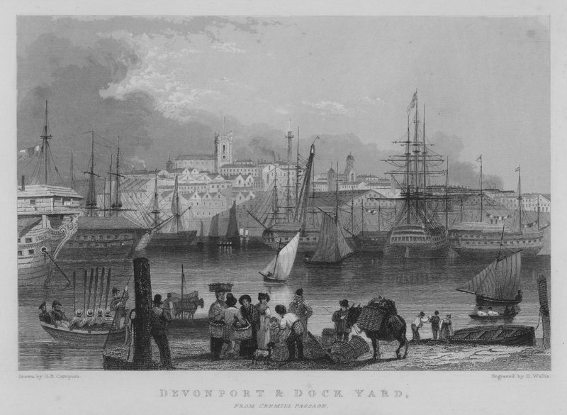 Devonport en Dockyard, vanaf Cremill Passage door George Bryant Campion