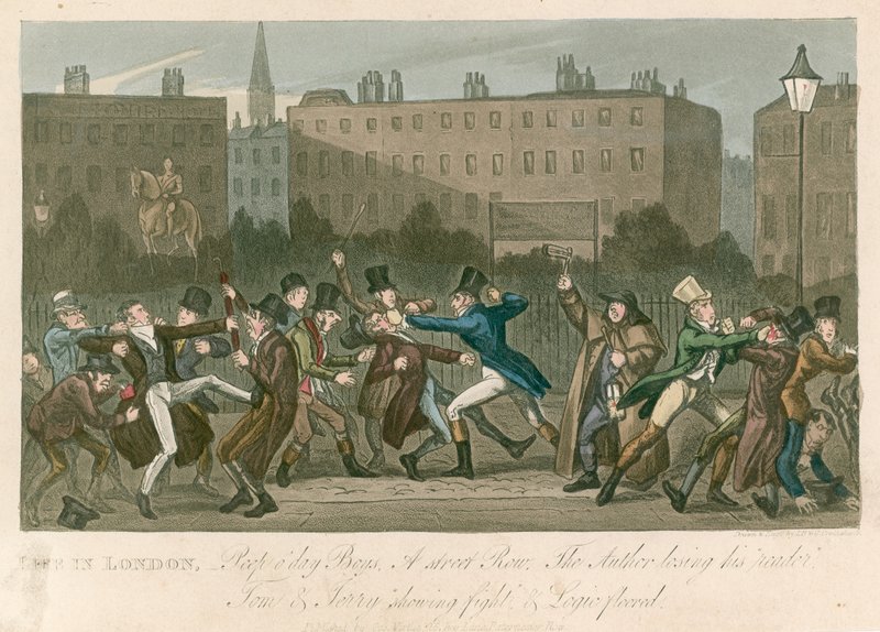 Een straatgevecht - Tom en Jerry tonen vechtkunst en Logic neergeslagen door George Cruikshank
