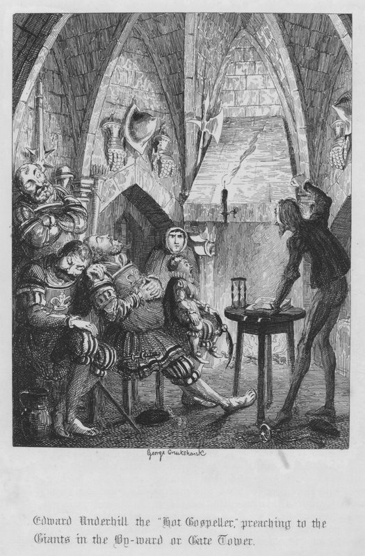 Edward Underhill de "Hot Gospeller," predikend tot de Reuzen in de By-ward of Gate Tower door George Cruikshank