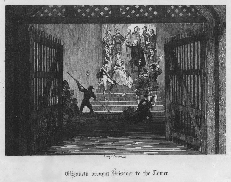 Elizabeth als gevangene naar de Tower gebracht (gravure) door George Cruikshank