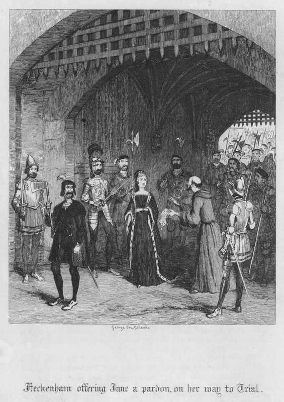 Feckenham biedt Jane gratie aan, op weg naar haar proces (gravure) door George Cruikshank