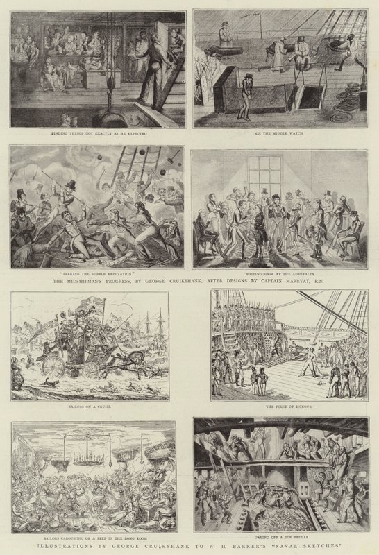 Humoristische kunst op de Royal Naval Exhibition door George Cruikshank