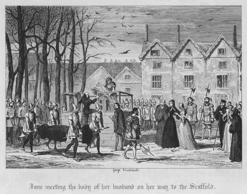 Jane ontmoet het lichaam van haar man op weg naar het schavot (gravure) door George Cruikshank