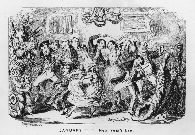 Januari, Oudejaarsavond (gravure) door George Cruikshank