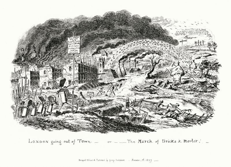Londen gaat de stad uit, of de mars van bakstenen en mortel (gravure) door George Cruikshank