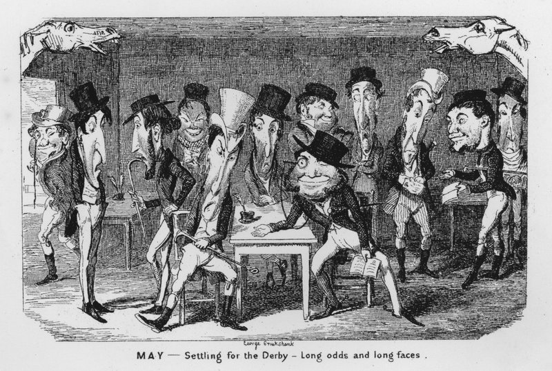 Mei, Afrekenen voor de Derby, Lange kansen en lange gezichten (gravure) door George Cruikshank