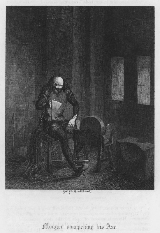 Monger scherpt zijn bijl (gravure) door George Cruikshank