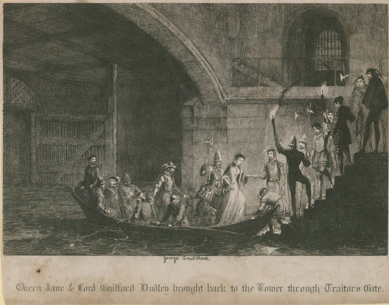 Koningin Jane en Lord Guilford Dudley teruggebracht naar de Toren door Verraderspoort door George Cruikshank