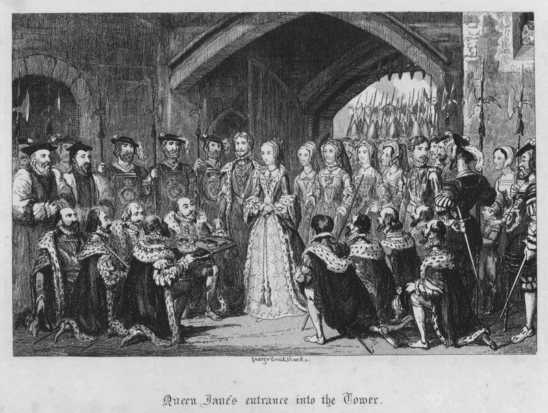 De ingang van koningin Jane in de Tower (gravure) door George Cruikshank