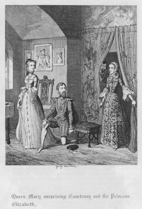 Koningin Mary verrast Courtenay en prinses Elizabeth door George Cruikshank