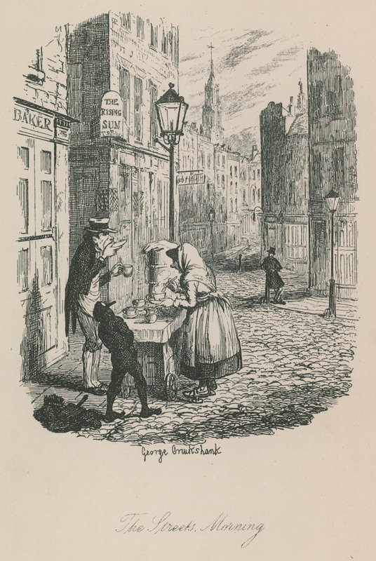 Scène uit het Londense leven: De straten - ochtend door George Cruikshank