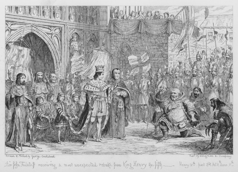 Sir John Falstaff ontvangt een zeer onverwachte berisping van koning Hendrik de vijfde door George Cruikshank