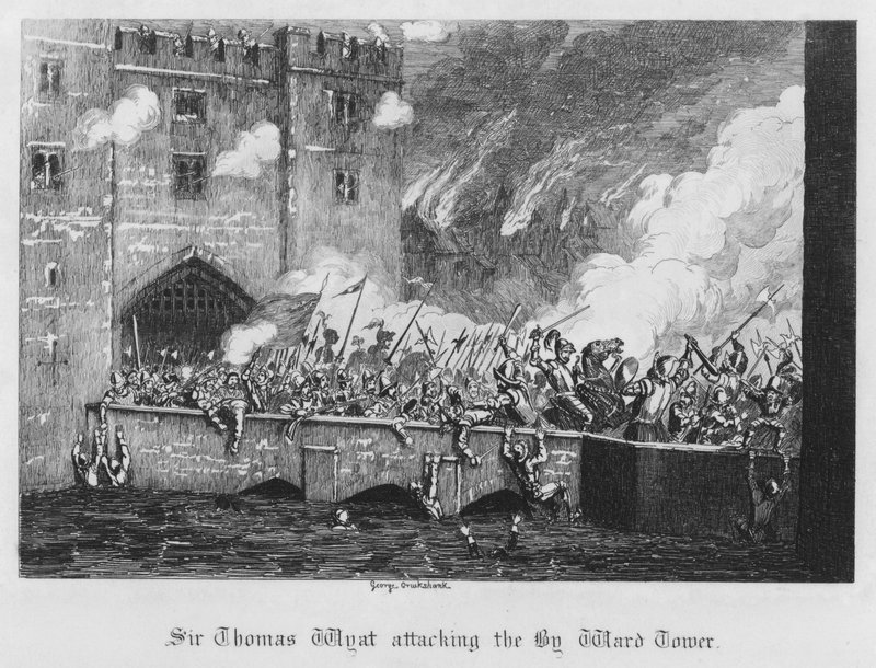 Sir Thomas Wyat valt de By Ward Tower aan (gravure) door George Cruikshank