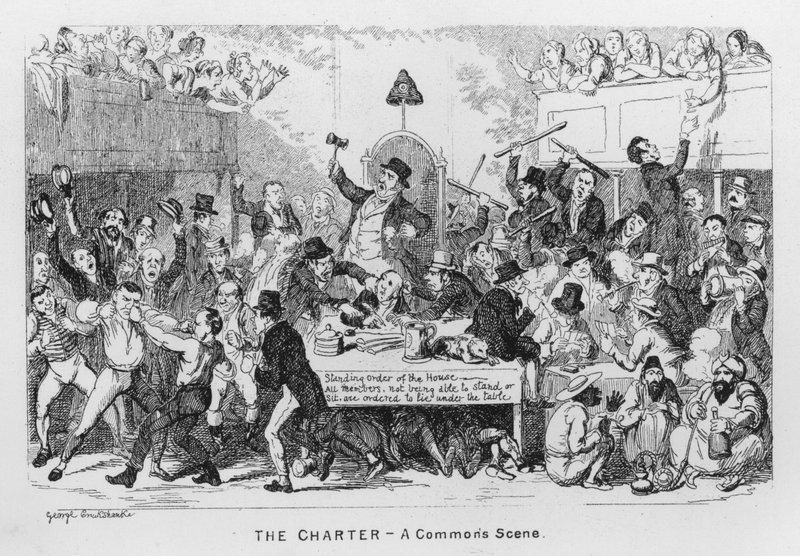 Het Handvest, een gemeenschappelijke scène door George Cruikshank