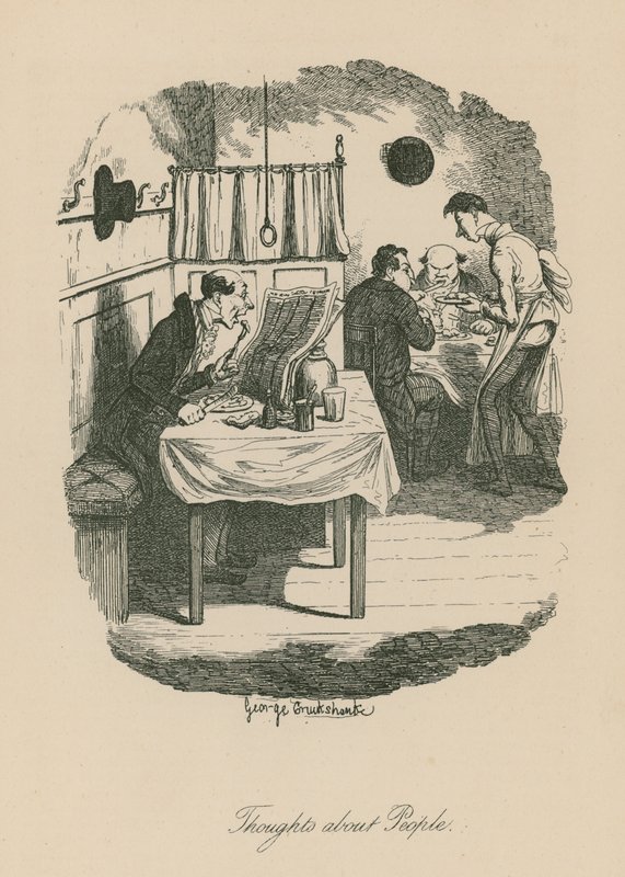 Gedachten over mensen, mogelijk gebaseerd op een scène uit Sketches by Boz (Charles Dickens) door George Cruikshank