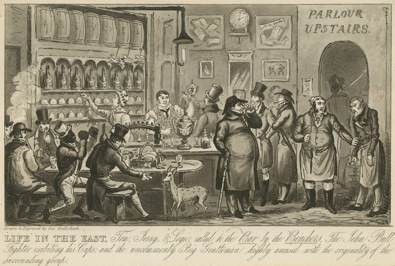 Tom, Jerry en Logic geroepen naar de bar door de rechters door George Cruikshank