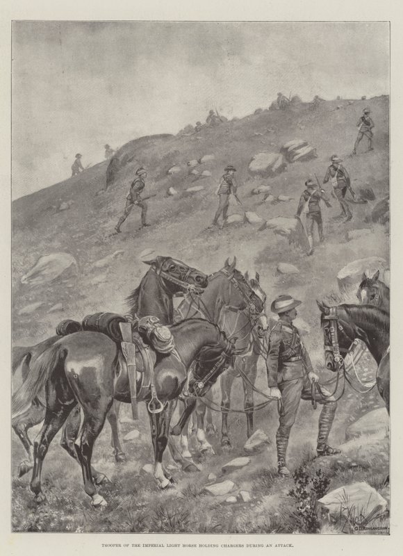 Ruiter van het Imperial Light Horse houdt Paarden vast tijdens een Aanval door George Derville Rowlandson