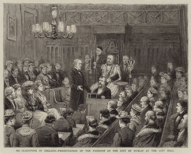 Mr. Gladstone in Ierland, presentatie van de vrijheid van de stad Dublin in het stadhuis door George Goodwin Kilburne