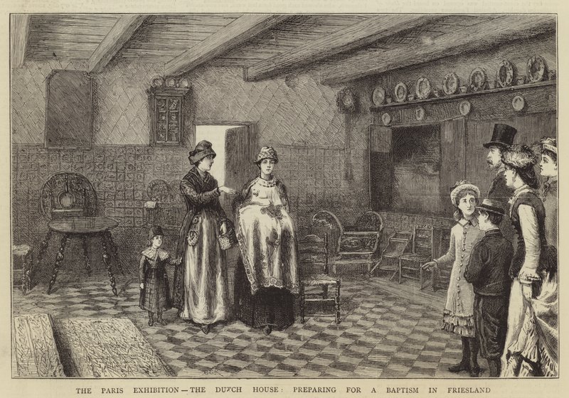 De Parijse tentoonstelling, het Nederlandse huis, voorbereiding voor een doop in Friesland door George Goodwin Kilburne