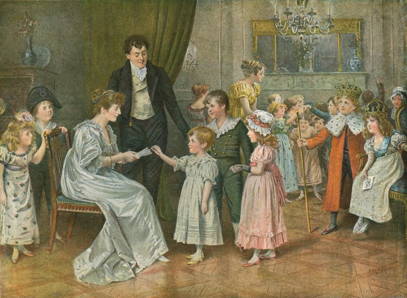 Driekoningenavond: het Kinderfeest. Loten trekken voor Driekoningenpersonages door George Goodwin Kilburne