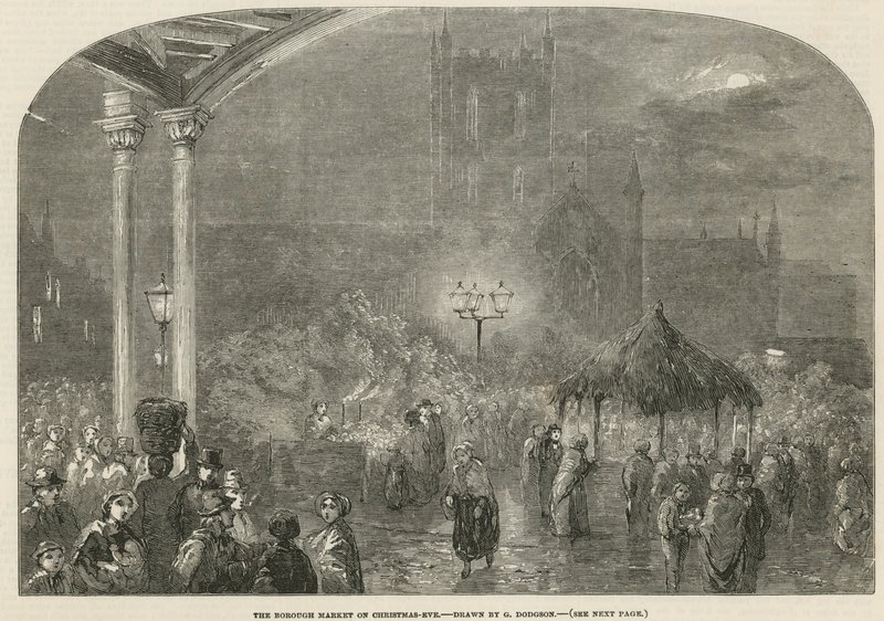 De Borough Market, Londen, op kerstavond door George Haydock Dodgson
