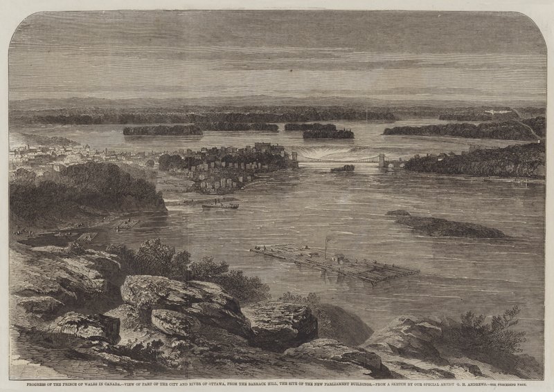 Voortgang van de Prins van Wales in Canada, uitzicht op een deel van de stad en rivier van Ottawa, vanaf de Barrack Hill, de locatie van de nieuwe parlementsgebouwen door George Henry Andrews