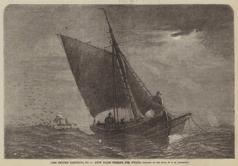 De Britse visserijen, nr. 3, Stow-boten vissen op sprot door George Henry Andrews