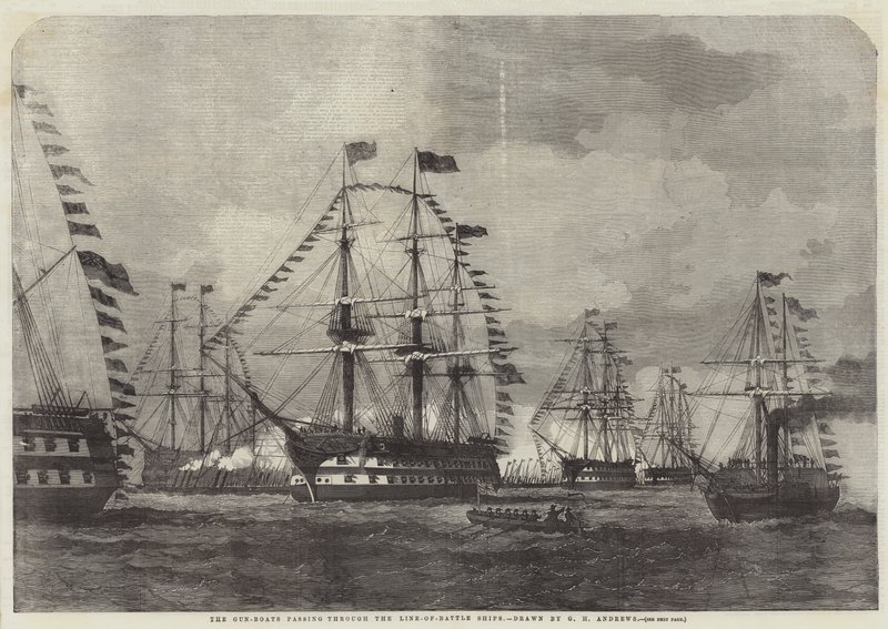 De kanonneerboten die door de linies van slagschepen varen door George Henry Andrews