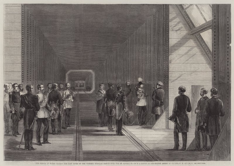 De Prins van Wales sluit de laatste klinknagel van de Victoria Tubular Bridge over de St. Lawrence door George Henry Andrews
