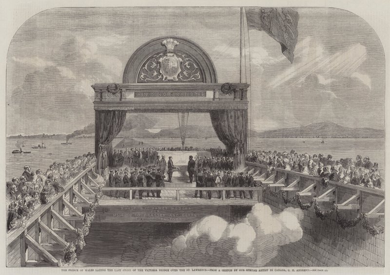 De Prins van Wales legt de laatste steen van de Victoria Bridge over de St. Lawrence door George Henry Andrews