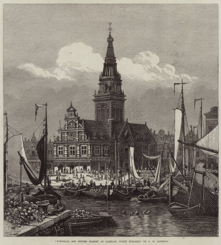 Stadhuis en botermarkt in Alkmaar, Noord-Holland door George Henry Andrews